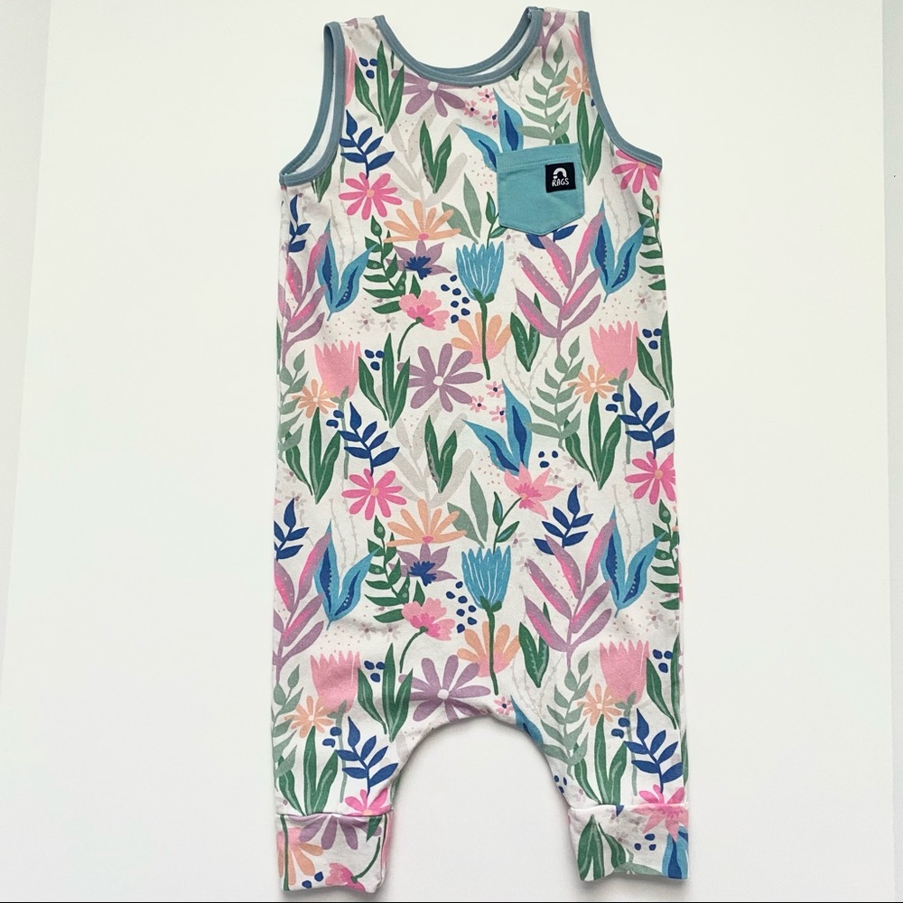 Rags to Raches 2T Tank Pocket Capri Rag Romper - Cream "Painterly Floral"